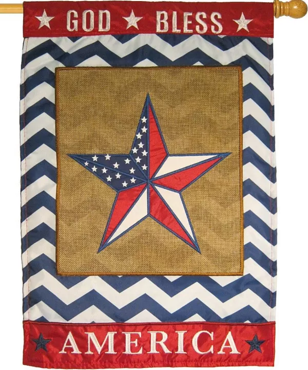 Magnolia Lane Burlap God Bless America Star Double Applique House Flag Fashion